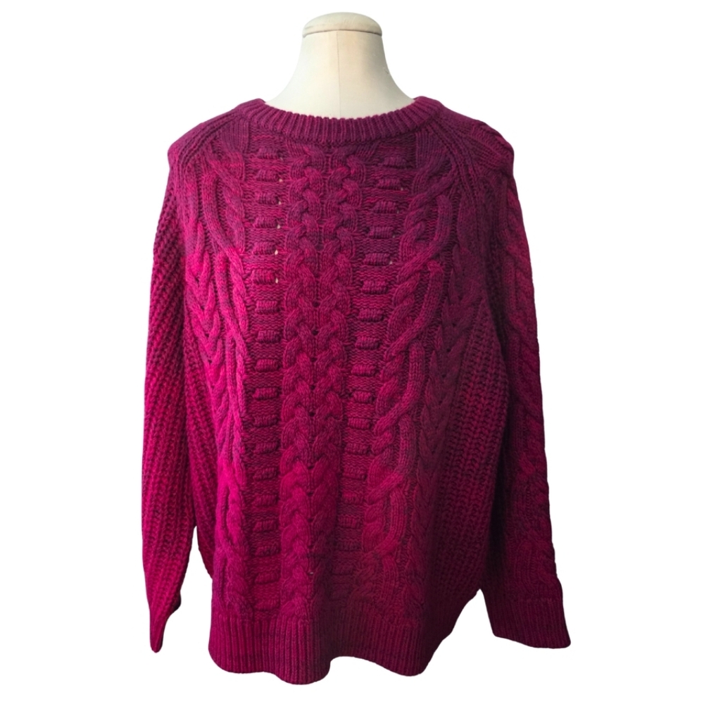 Sundance Cable Knit Sweater XL Magenta Wool Blend Chunky Cozy Pullover Ombre
